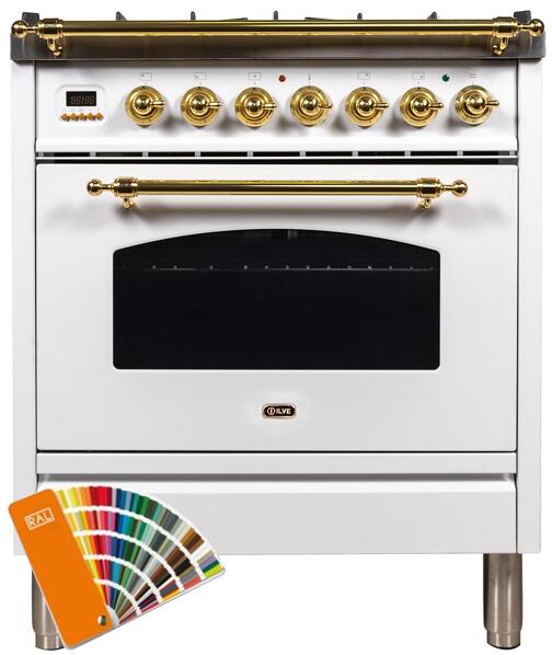 ILVE 30" Nostalgie Series Freestanding Single Oven Dual Fuel Range with 5 Sealed Burners in Custom RAL Color with Brass Trim (UPN76DMPRAL) Ranges ILVE 