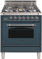 ILVE 30-Inch Nostalgie Series Freestanding Single Oven Gas Range with 5 Sealed Burners in Blue Grey with Bronze Trim (UPN76DVGGGUY)