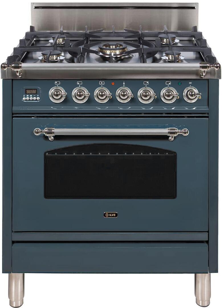 ILVE 30" Nostalgie Series Freestanding Single Oven Gas Range with 5 Sealed Burners in Blue Grey with Chrome Trim (UPN76DVGGGUX) Ranges ILVE 