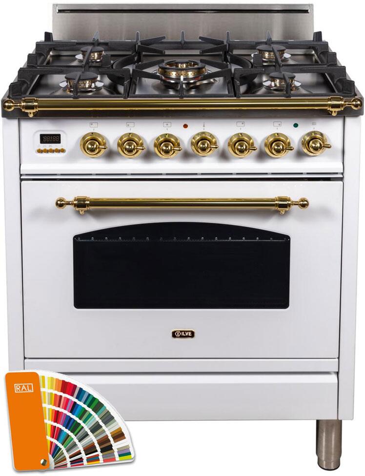 ILVE 30" Nostalgie Series Freestanding Single Oven Gas Range with 5 Sealed Burners in Custom RAL Color with Brass Trim (UPN76DVGGRAL) Ranges ILVE 