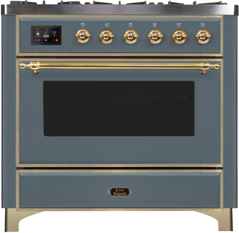 ILVE 36" Majestic II Dual Fuel Range with 6 Brass Burners and Griddle - 3.5 cu. ft. Oven - TFT Oven Control Display - in Blue Grey with Brass Trim (UM09FDNS3BGG) Ranges ILVE 