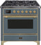 ILVE 36-Inch Majestic II Dual Fuel Range with 6 Brass Burners and Removable Griddle - 3.5 cu. ft. Oven - TFT Oven Control Display - in Blue Grey with Brass Trim (UM09FDNS3BGG)