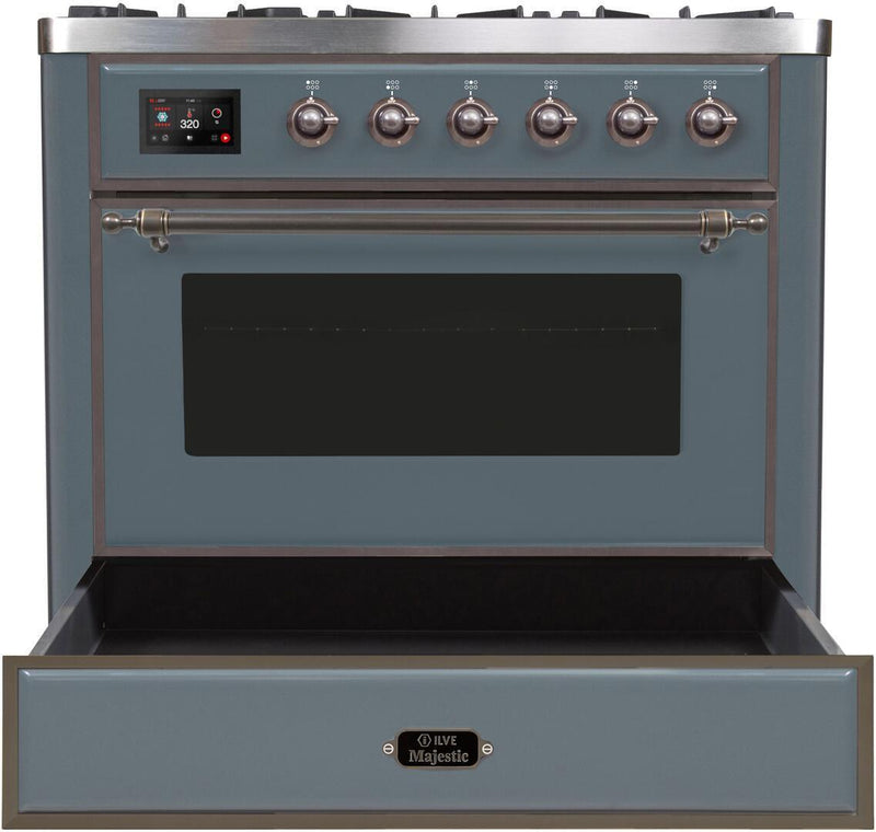 ILVE 36" Majestic II Dual Fuel Range with 6 Brass Burners and Griddle - 3.5 cu. ft. Oven - TFT Oven Control Display in Blue Grey with Bronze Trim (UM09FDNS3BGB) Ranges ILVE 