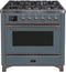 ILVE 36-Inch Majestic II Dual Fuel Range with 6 Brass Burners and Griddle - 3.5 cu. ft. Oven - TFT Oven Control Display in Blue Grey with Bronze Trim (UM09FDNS3BGB)