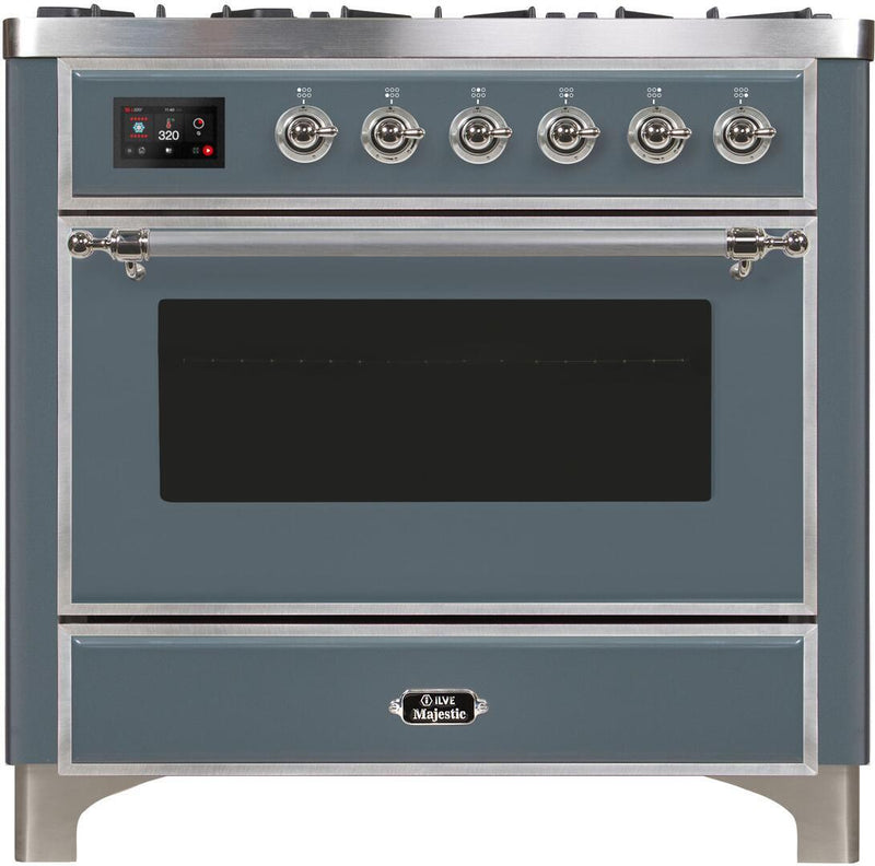ILVE 36" Majestic II Dual Fuel Range with 6 Brass Burners and Griddle - 3.5 cu. ft. Oven - TFT Oven Control Display - in Blue Grey with Chrome Trim (UM09FDNS3BGC) Ranges ILVE 