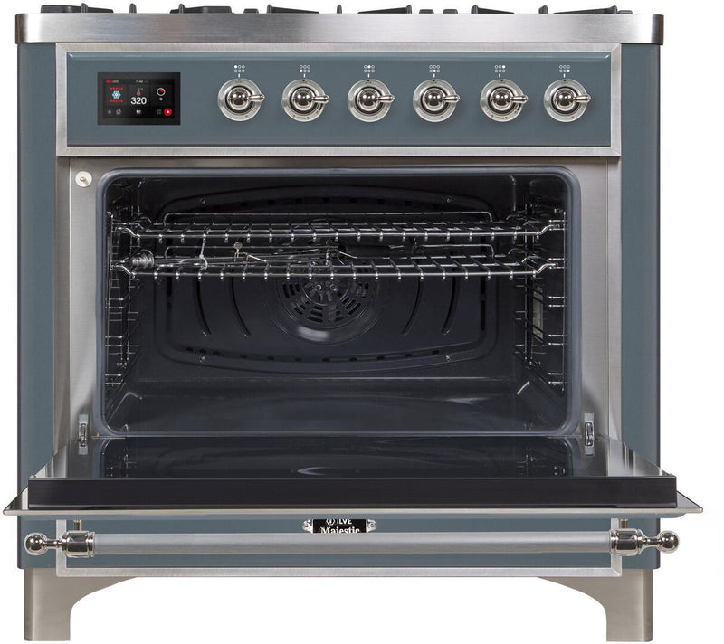 ILVE 36" Majestic II Dual Fuel Range with 6 Brass Burners and Griddle - 3.5 cu. ft. Oven - TFT Oven Control Display - in Blue Grey with Chrome Trim (UM09FDNS3BGC) Ranges ILVE 