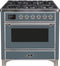 ILVE 36-Inch Majestic II Dual Fuel Range with 6 Brass Burners and Griddle - 3.5 cu. ft. Oven - TFT Oven Control Display - in Blue Grey with Chrome Trim (UM09FDNS3BGC)