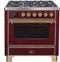 ILVE 36-Inch Majestic II Dual Fuel Range with 6 Burners - 3.5 cu. ft. Oven - Brass Trim in Burgundy (UM096DNS3BUG)