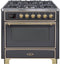 ILVE 36-Inch Majestic II Dual Fuel Range with 6 Burners - 3.5 cu. ft. Oven - Brass Trim in Matte Graphite (UM096DNS3MGG)