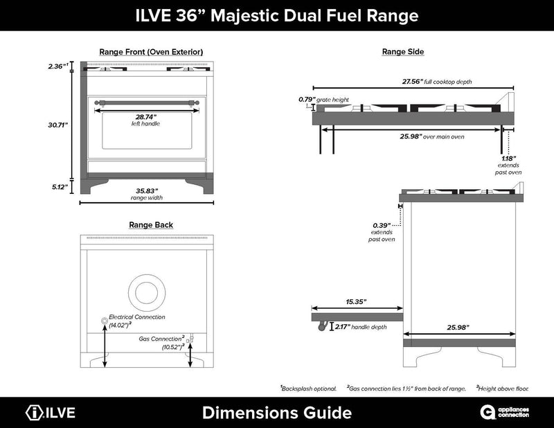 ILVE 36" Majestic II Dual Fuel Range with 6 Burners - 3.5 cu. ft. Oven - Brass Trim in White (UM096DNS3WHG) Ranges ILVE 