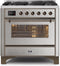 ILVE 36-Inch Majestic II Dual Fuel Range with 6 Burners - 3.5 cu. ft. Oven - Bronze Trim in Stainless Steel (UM096DNS3SSB)