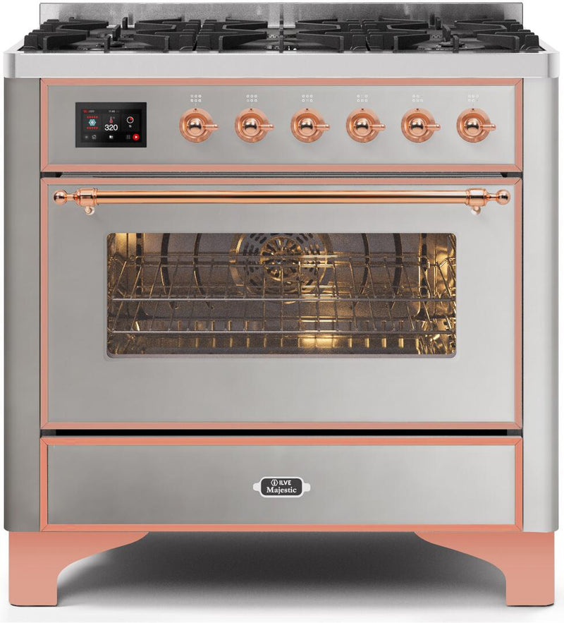 ILVE 36" Majestic II Dual Fuel Range with 6 Burners - 3.5 cu. ft. Oven - Copper Trim in Stainless Steel (UM096DNS3SSP) Ranges ILVE 