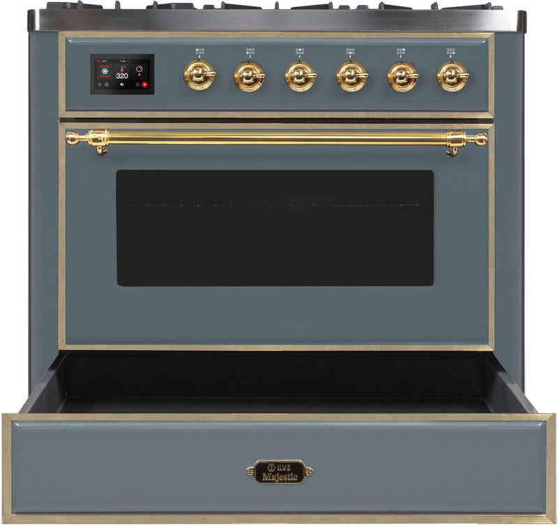ILVE 36" Majestic II Dual Fuel Range with 6 Burners - 4.1 cu. ft. Oven - in Blue Grey with Brass Trim (UM096DNS3BGG) Ranges ILVE 