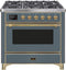 ILVE 36-Inch Majestic II Dual Fuel Range with 6 Burners - 4.1 cu. ft. Oven - in Blue Grey with Brass Trim (UM096DNS3BGG)