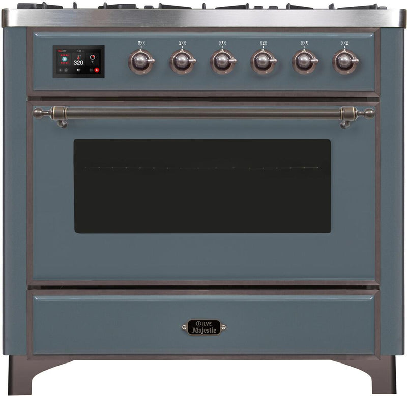 ILVE 36" Majestic II Dual Fuel Range with 6 Burners - 4.1 cu. ft. Oven - in Blue Grey with Bronze Trim (UM096DNS3BGB) Ranges ILVE 