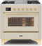 ILVE 36-Inch Majestic II Dual Fuel Range with 6 Burners and Removable Griddle - 3.5 cu. ft. Oven - Brass Trim in Antique White (UM09FDNS3AWG)