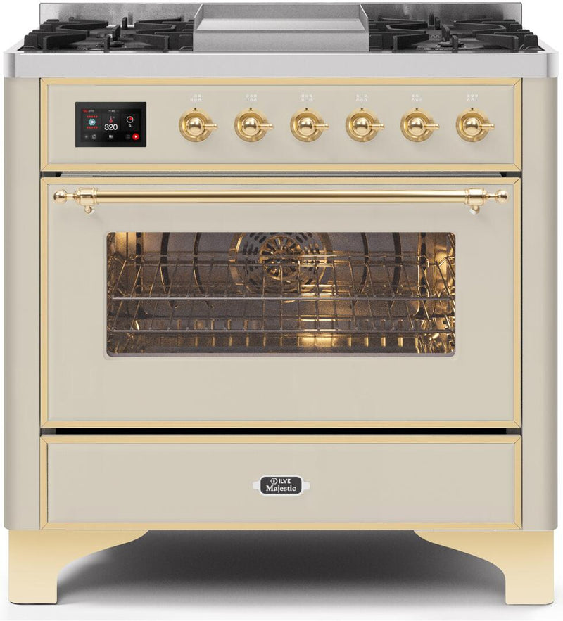 ILVE 36" Majestic II Dual Fuel Range with 6 Burners and Griddle - 3.5 cu. ft. Oven - Brass Trim in Antique White (UM09FDNS3AWG) Ranges ILVE 