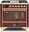 ILVE 36-Inch Majestic II Dual Fuel Range with 6 Burners and Removable Griddle - 3.5 cu. ft. Oven - Brass Trim in Burgundy (UM09FDNS3BUG)