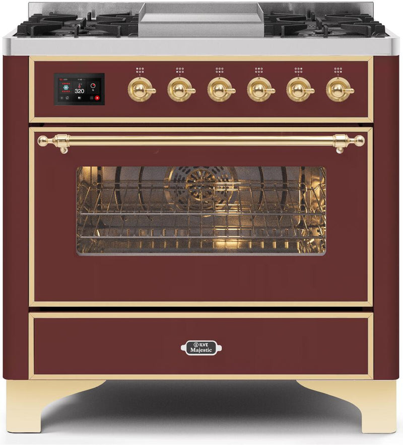 ILVE 36" Majestic II Dual Fuel Range with 6 Burners and Griddle - 3.5 cu. ft. Oven - Brass Trim in Burgundy (UM09FDNS3BUG) Ranges ILVE 