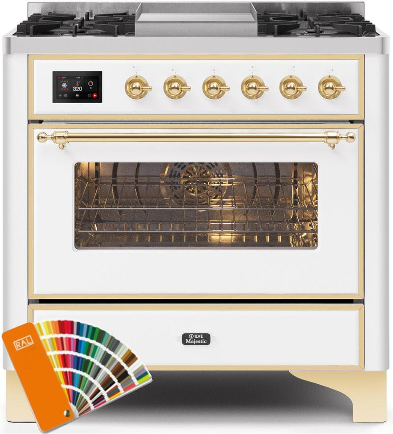 ILVE 36" Majestic II Dual Fuel Range with 6 Burners and Griddle - 3.5 cu. ft. Oven - Brass Trim in Custom RAL Color (UM09FDNS3RALG) Ranges ILVE 