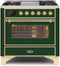ILVE 36-Inch Majestic II Dual Fuel Range with 6 Burners and Removable Griddle - 3.5 cu. ft. Oven - Brass Trim in Emerald Green (UM09FDNS3EGG)