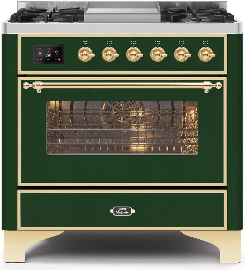 ILVE 36" Majestic II Dual Fuel Range with 6 Burners and Griddle - 3.5 cu. ft. Oven - Brass Trim in Emerald Green (UM09FDNS3EGG) Ranges ILVE 