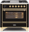 ILVE 36-Inch Majestic II Dual Fuel Range with 6 Burners and Removable Griddle - 3.5 cu. ft. Oven - Brass Trim in Glossy Black (UM09FDNS3BKG)