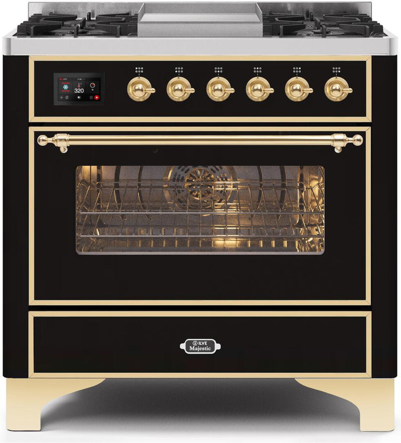 ILVE 36" Majestic II Dual Fuel Range with 6 Burners and Griddle - 3.5 cu. ft. Oven - Brass Trim in Glossy Black (UM09FDNS3BKG) Ranges ILVE 