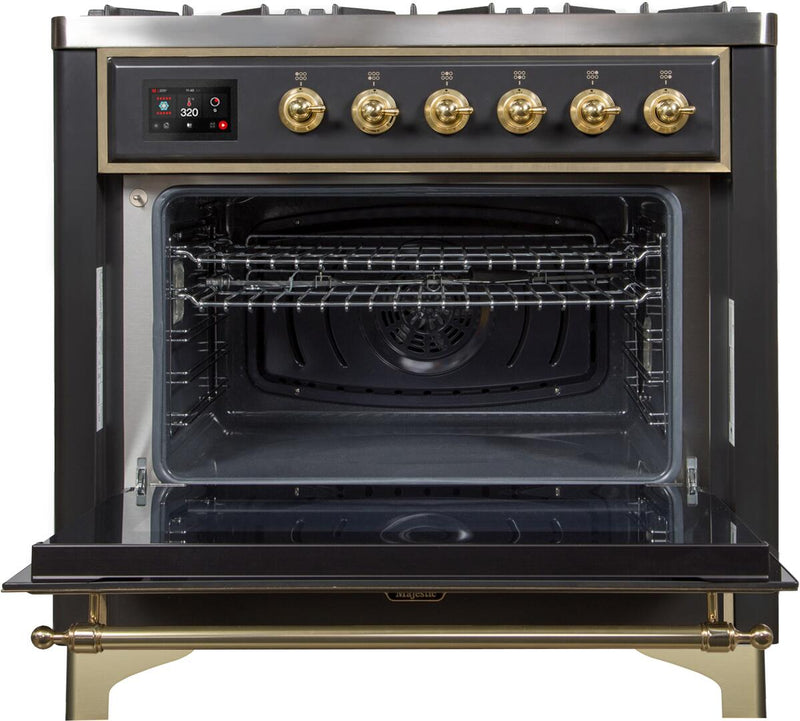 ILVE 36" Majestic II Dual Fuel Range with 6 Burners and Griddle - 3.5 cu. ft. Oven - Brass Trim in Matte Graphite (UM09FDNS3MGG) Ranges ILVE 