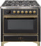 ILVE 36-Inch Majestic II Dual Fuel Range with 6 Burners and Removable Griddle - 3.5 cu. ft. Oven - Brass Trim in Matte Graphite (UM09FDNS3MGG)