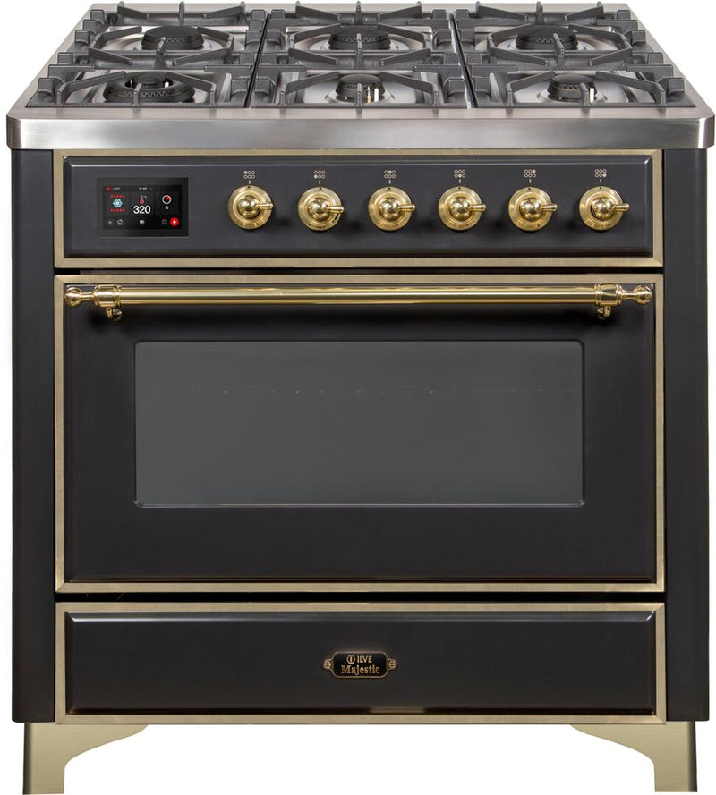 ILVE 36" Majestic II Dual Fuel Range with 6 Burners and Griddle - 3.5 cu. ft. Oven - Brass Trim in Matte Graphite (UM09FDNS3MGG) Ranges ILVE 