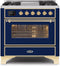 ILVE 36-Inch Majestic II Dual Fuel Range with 6 Burners and Removable Griddle - 3.5 cu. ft. Oven - Brass Trim in Midnight Blue (UM09FDNS3MBG)