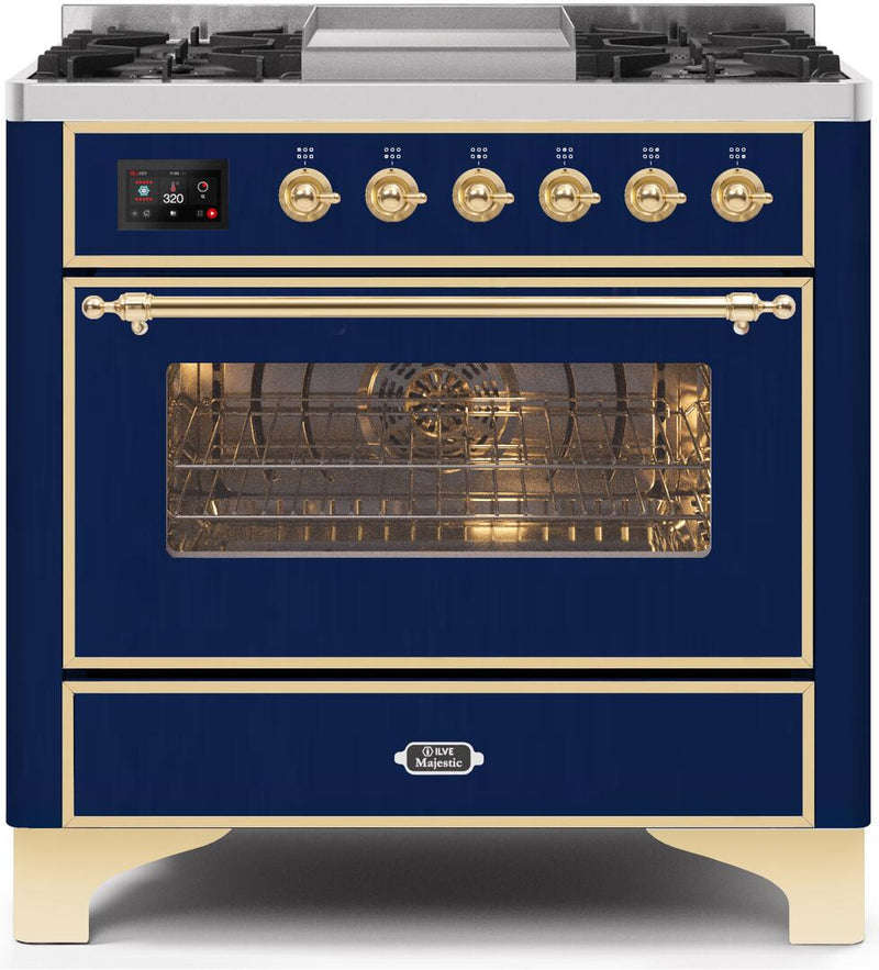 ILVE 36" Majestic II Dual Fuel Range with 6 Burners and Griddle - 3.5 cu. ft. Oven - Brass Trim in Midnight Blue (UM09FDNS3MBG) Ranges ILVE 