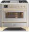 ILVE 36-Inch Majestic II Dual Fuel Range with 6 Burners and Removable Griddle - 3.5 cu. ft. Oven - Brass Trim in Stainless Steel (UM09FDNS3SSG)