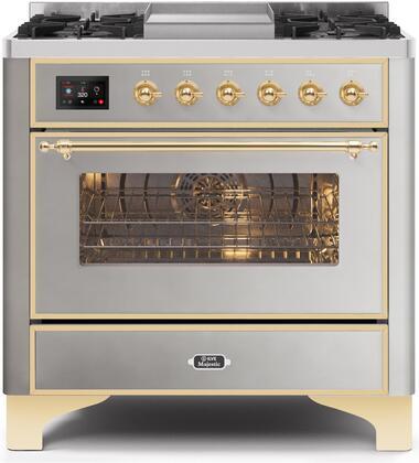 ILVE 36" Majestic II Dual Fuel Range with 6 Burners and Griddle - 3.5 cu. ft. Oven - Brass Trim in Stainless Steel (UM09FDNS3SSG) Ranges ILVE 