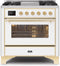 ILVE 36-Inch Majestic II Dual Fuel Range with 6 Burners and Removable Griddle - 3.5 cu. ft. Oven - Brass Trim in White (UM09FDNS3WHG)