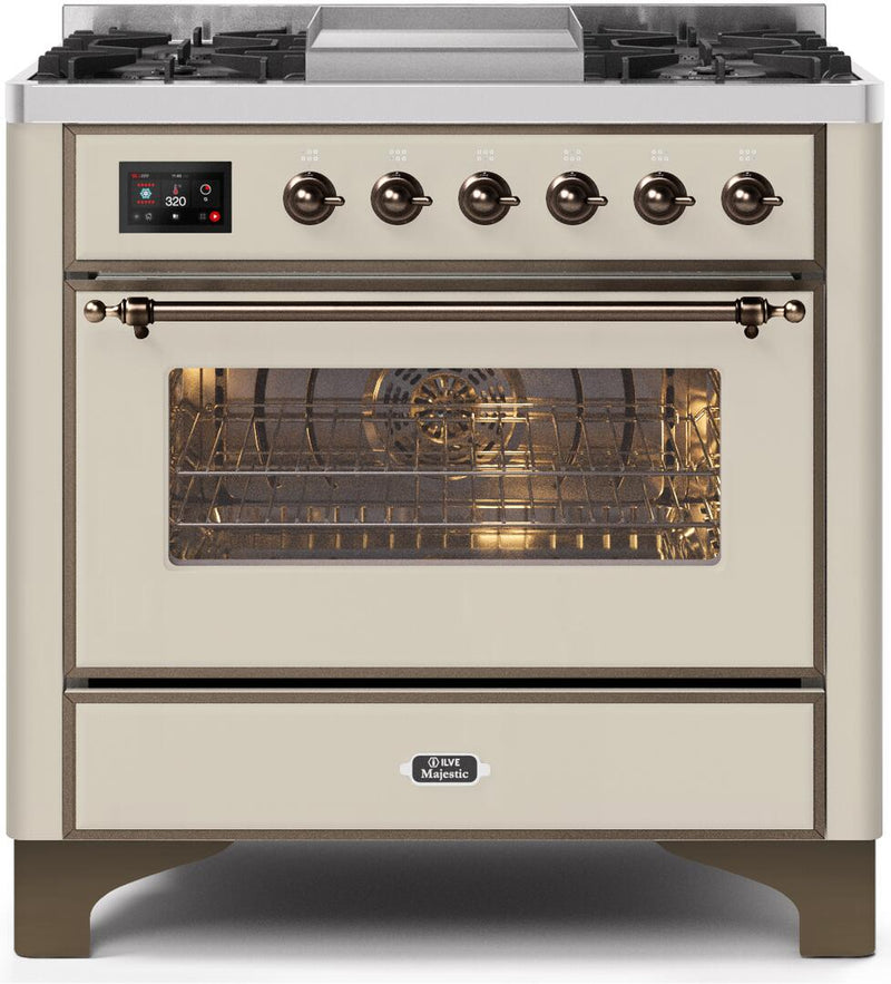 ILVE 36" Majestic II Dual Fuel Range with 6 Burners and Griddle - 3.5 cu. ft. Oven - Bronze Trim in Antique White (UM09FDNS3AWB) Ranges ILVE 