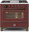 ILVE 36-Inch Majestic II Dual Fuel Range with 6 Burners and Griddle - 3.5 cu. ft. Oven - Bronze Trim in Burgundy (UM09FDNS3BUB)