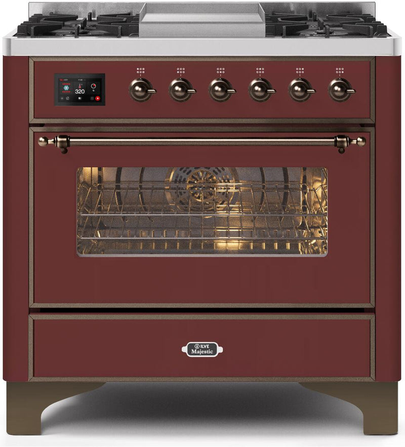 ILVE 36" Majestic II Dual Fuel Range with 6 Burners and Griddle - 3.5 cu. ft. Oven - Bronze Trim in Burgundy (UM09FDNS3BUB) Ranges ILVE 