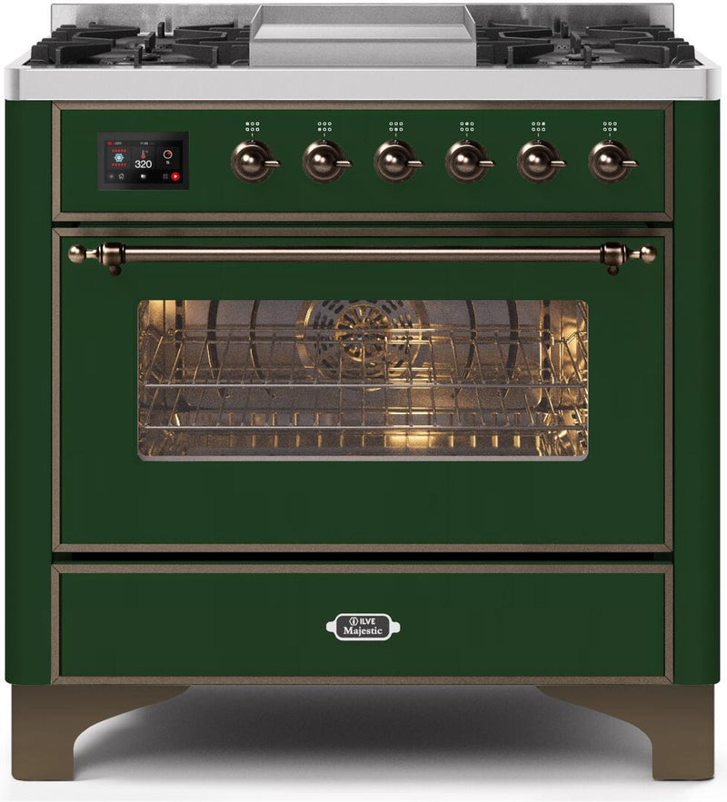 ILVE 36" Majestic II Dual Fuel Range with 6 Burners and Griddle - 3.5 cu. ft. Oven - Bronze Trim in Emerald Green (UM09FDNS3EGB) Ranges ILVE 