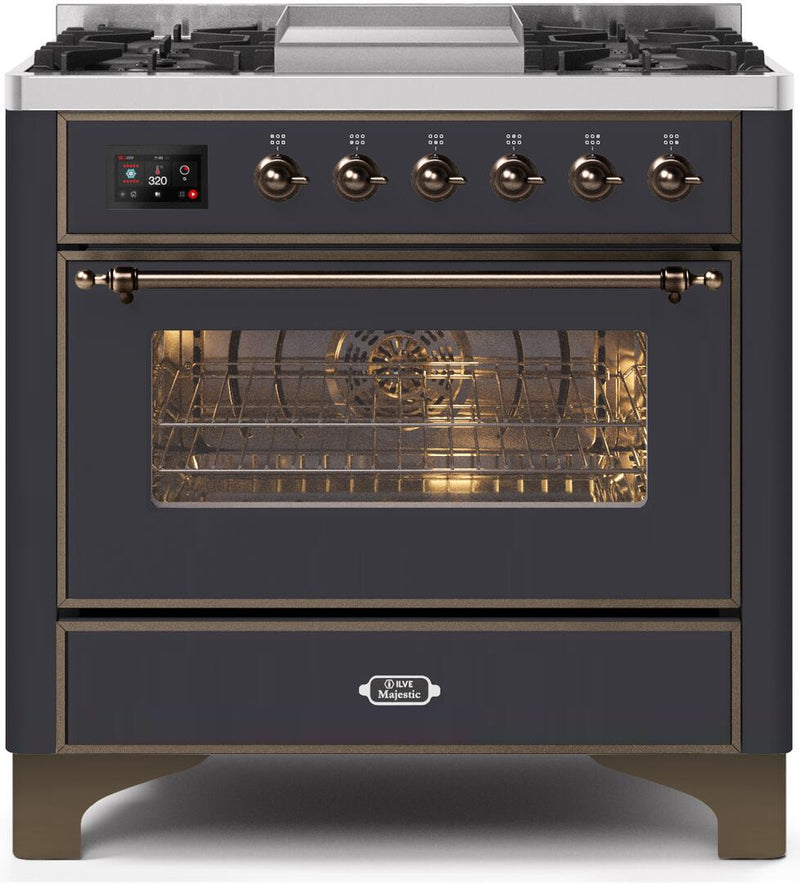 ILVE 36" Majestic II Dual Fuel Range with 6 Burners and Griddle - 3.5 cu. ft. Oven - Bronze Trim in Matte Graphite (UM09FDNS3MGB) Ranges ILVE 