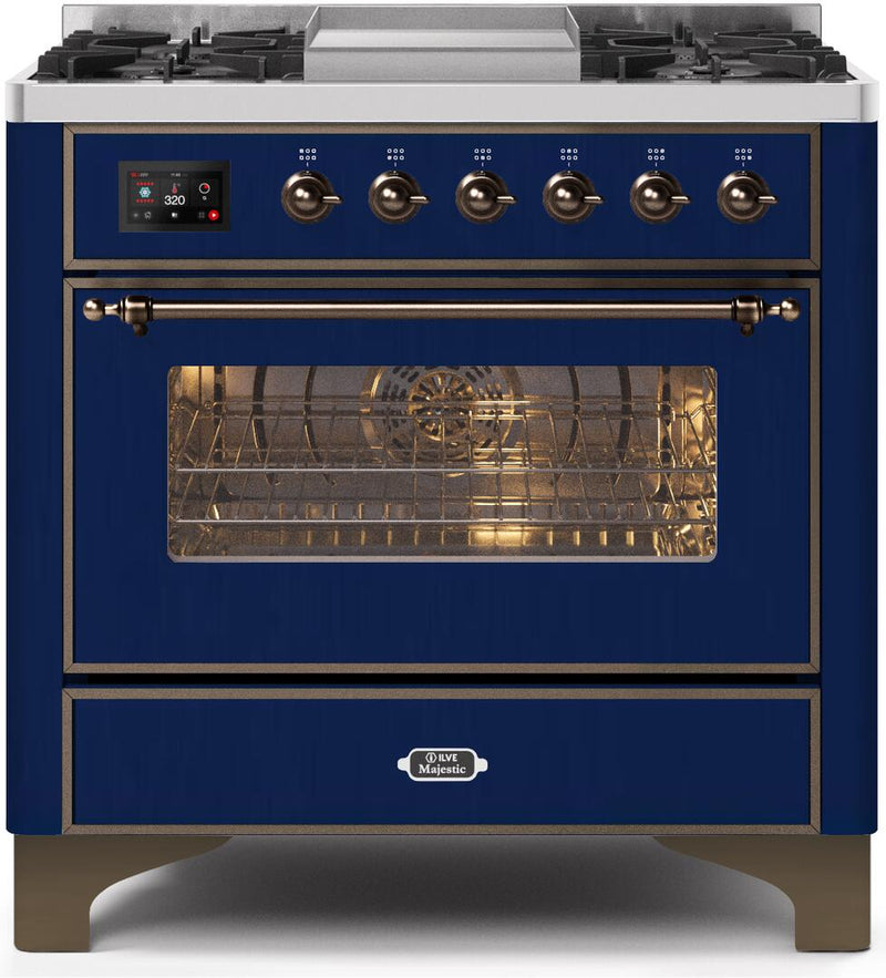 ILVE 36" Majestic II Dual Fuel Range with 6 Burners and Griddle - 3.5 cu. ft. Oven - Bronze Trim in Midnight Blue (UM09FDNS3MBB) Ranges ILVE 