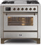 ILVE 36-Inch Majestic II Dual Fuel Range with 6 Burners and Griddle - 3.5 cu. ft. Oven - Bronze Trim in Stainless Steel (UM09FDNS3SSB)