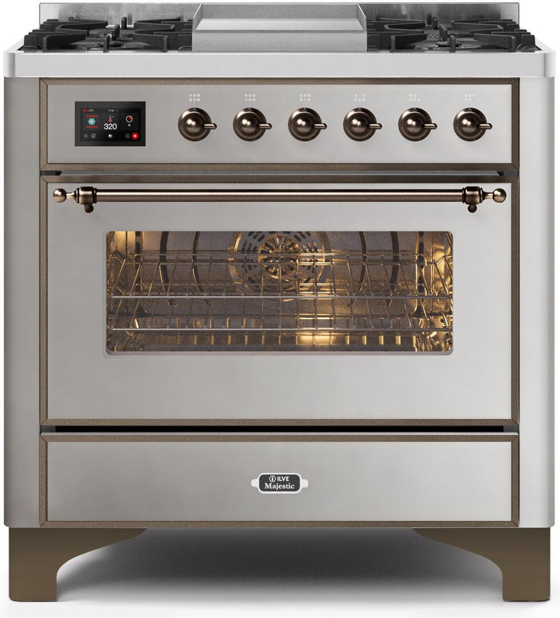 ILVE 36" Majestic II Dual Fuel Range with 6 Burners and Griddle - 3.5 cu. ft. Oven - Bronze Trim in Stainless Steel (UM09FDNS3SSB) Ranges ILVE 