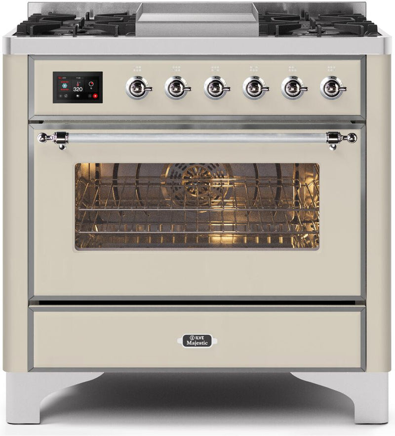 ILVE 36" Majestic II Dual Fuel Range with 6 Burners and Griddle - 3.5 cu. ft. Oven - Chrome Trim in Antique White (UM09FDNS3AWC) Ranges ILVE 