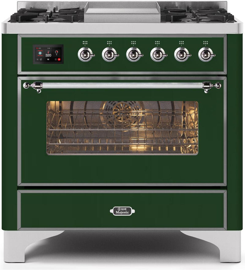 ILVE 36" Majestic II Dual Fuel Range with 6 Burners and Griddle - 3.5 cu. ft. Oven - Chrome Trim in Emerald Green (UM09FDNS3EGC) Ranges ILVE 