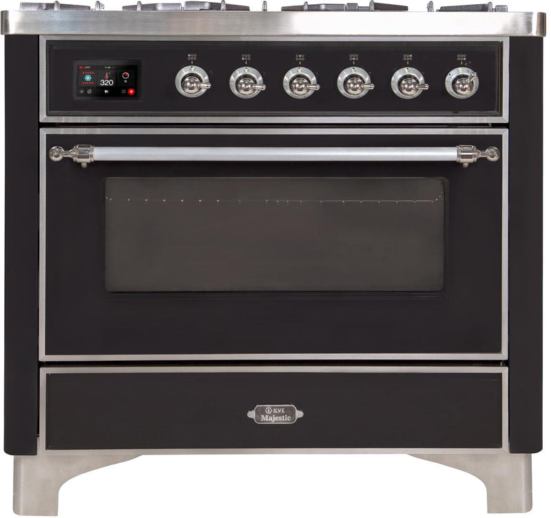 ILVE 36" Majestic II Dual Fuel Range with 6 Burners and Griddle - 3.5 cu. ft. Oven - Chrome Trim in Glossy Black (UM09FDNS3BKC) Ranges ILVE 