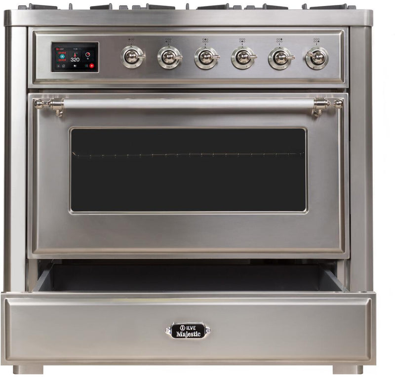 ILVE 36" Majestic II Dual Fuel Range with 6 Burners and Griddle - 3.5 cu. ft. Oven - Chrome Trim in Stainless Steel (UM09FDNS3SSC) Ranges ILVE 