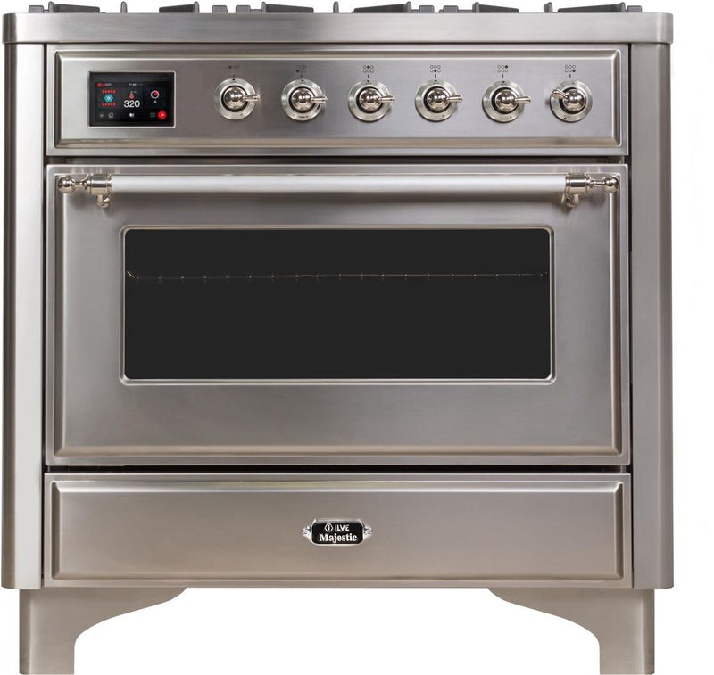 ILVE 36" Majestic II Dual Fuel Range with 6 Burners and Griddle - 3.5 cu. ft. Oven - Chrome Trim in Stainless Steel (UM09FDNS3SSC) Ranges ILVE 