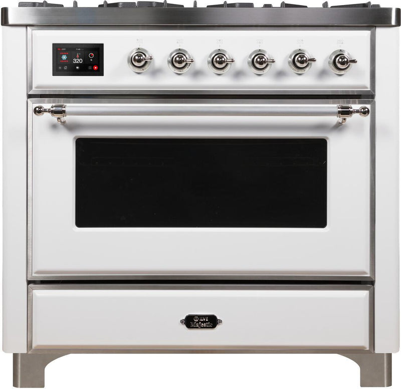 ILVE 36" Majestic II Dual Fuel Range with 6 Burners and Griddle - 3.5 cu. ft. Oven - Chrome Trim in White (UM09FDNS3WHC) Ranges ILVE 